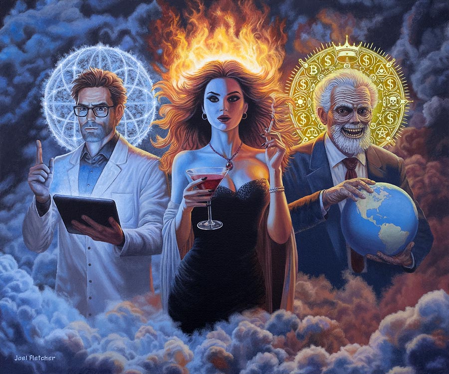 Painting of 3 gods who wield control over humanity.