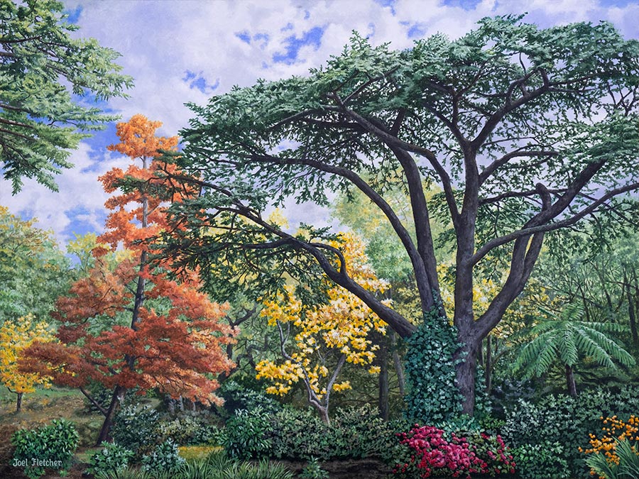 Painting of exotic trees with fall colors in New Zealand