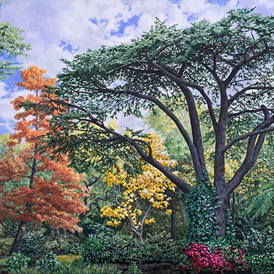 Painting of exotic trees with fall colors in New Zealand