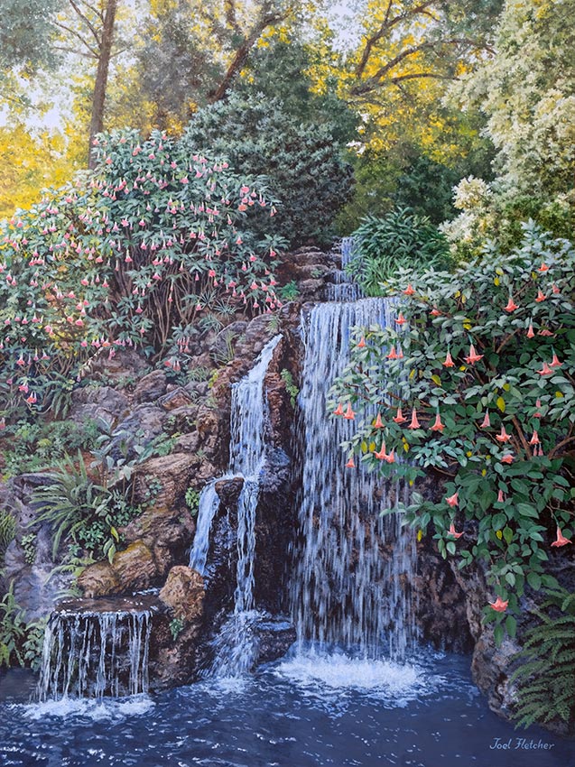 Painting of a tranquil waterfall.