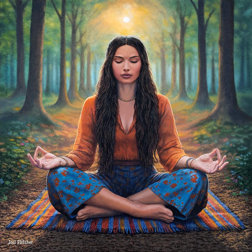 A hippie woman meditating in a forest.