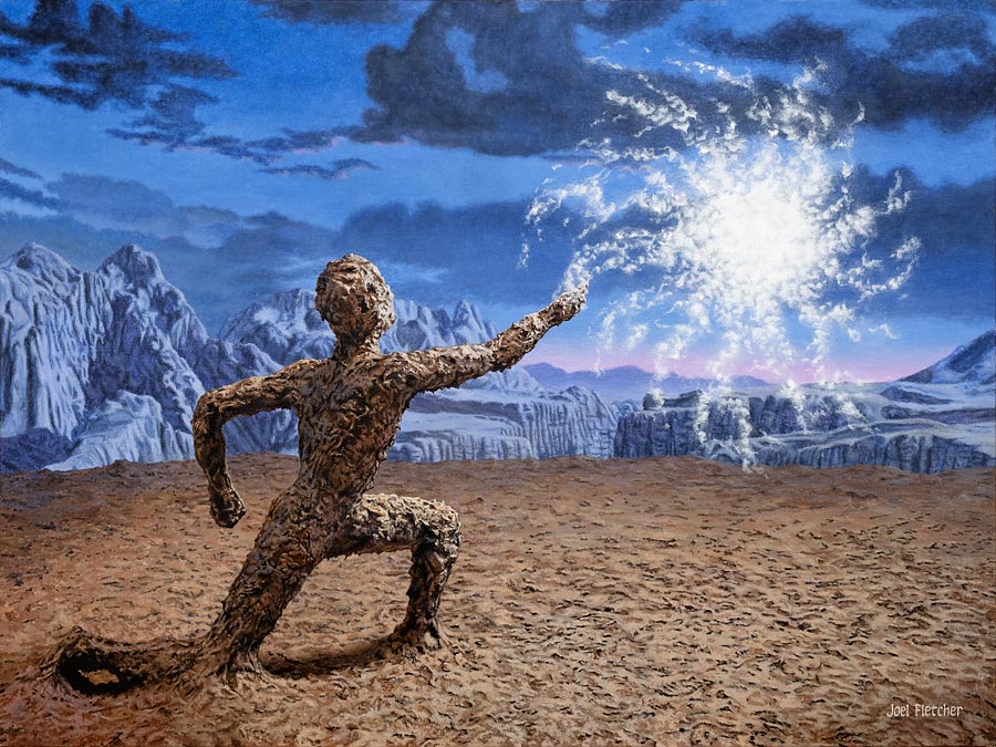 Surrealist painting a man made of dirt encountering a strange glowing being.