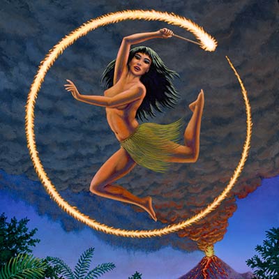 Polynesian female fire dancer leaping in the air. 