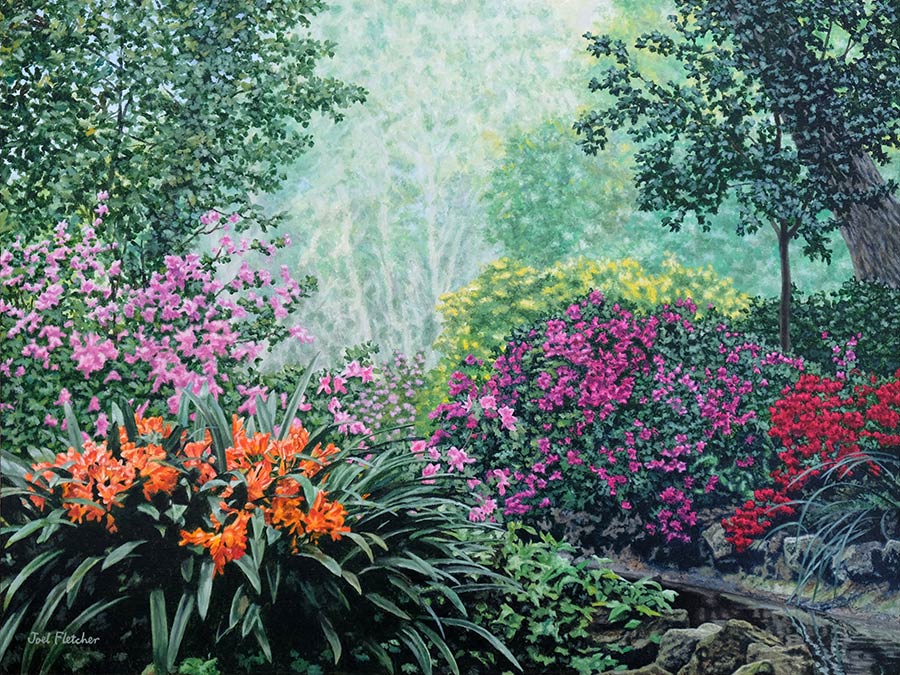 Impressionist painting of flowering bushes at Descanso Gardens
