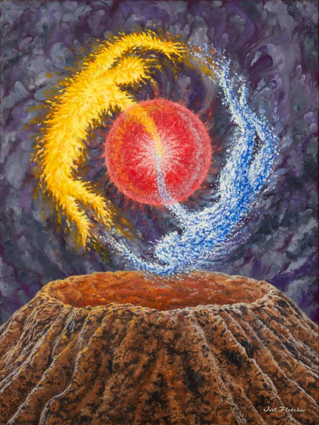 The union of opposites, represented by a man made of flame, and a woman made of water.