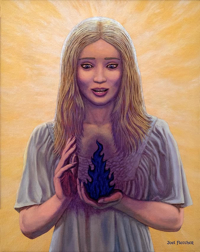 Woman in awe of the black flame in her hands.