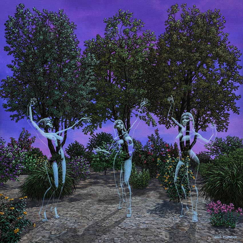 Three Dryads dance in the moonlight in a forest scene.