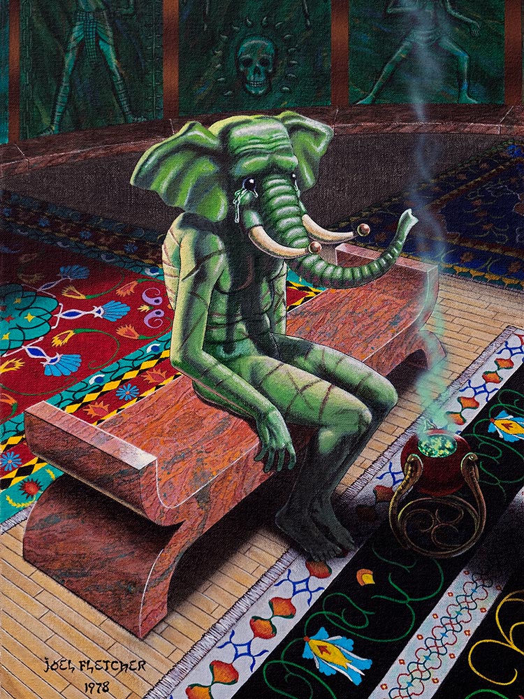 Painting of a tortured mystical humanoid creature with an elephant-like head