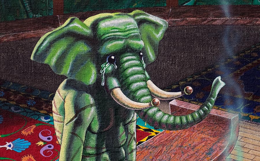 Detail of painting of a tortured mysterious elephant creature.