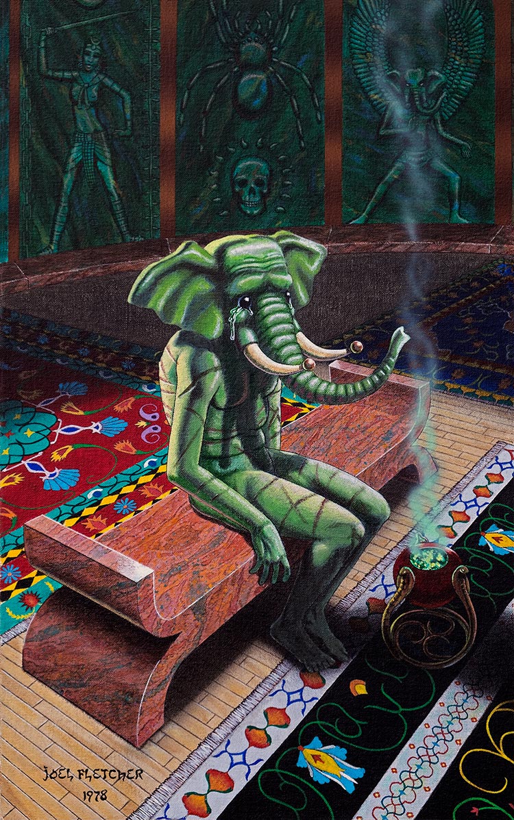 Painting of a tortured mystical humanoid creature with an elephant-like head