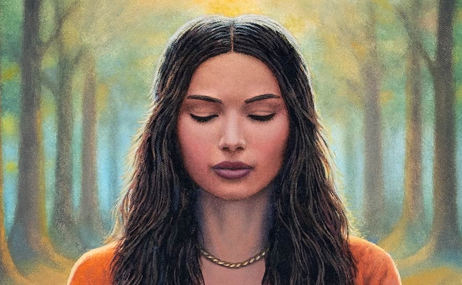 Painting detail of a woman's face in a deep state of meditation.
