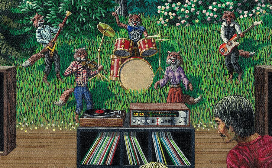 Painting detail of a band of fox musicians.