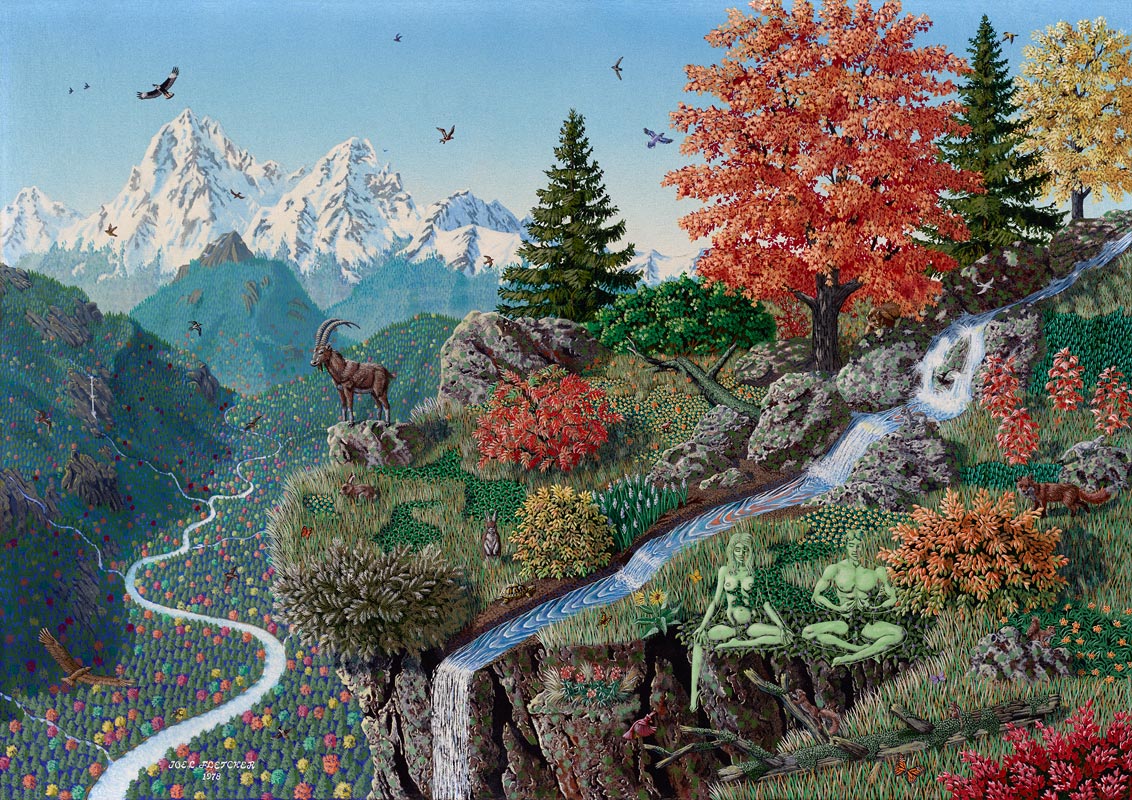 Metaphysical landscape with various animals and male and female meditators
