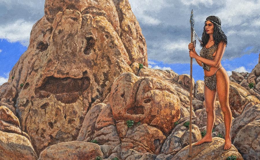 Detail of painting with boulders and Paleolithic woman.