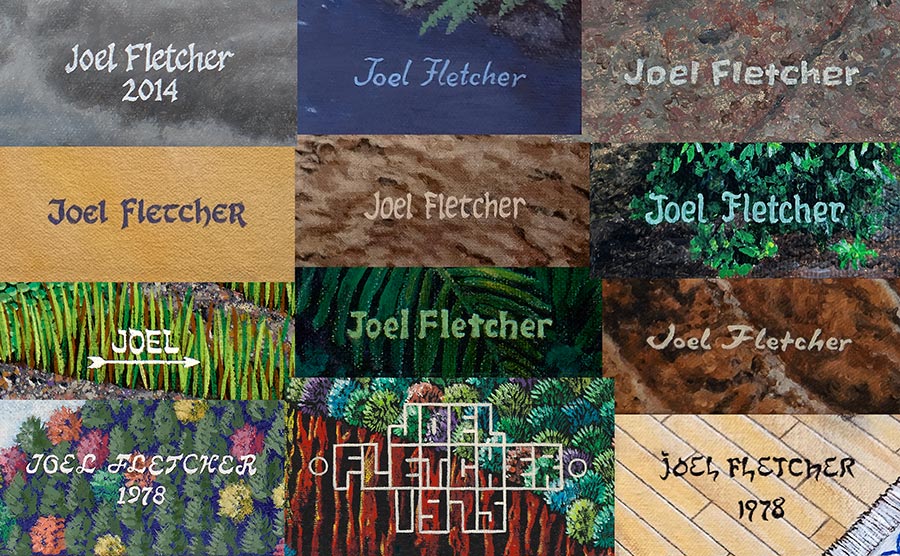 Several examples of Joel Fletcher's changing signature style.