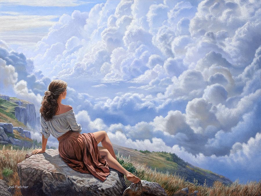 Painting of a woman high up in the mountains, in awe of the incredible swirling clouds before her.