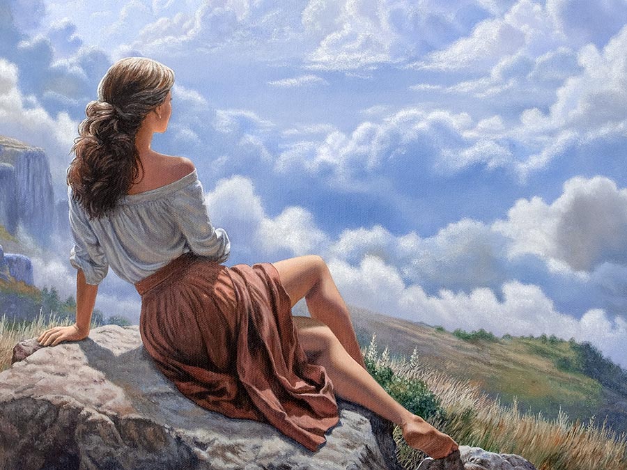 Detail of painting of a woman sitting on a rock in the mountains above the clouds.